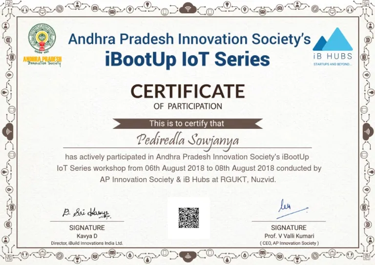 iBootUp IoT Series Certificate of Participation recognizing an IIE student’s active involvement in an Internet of Things workshop co‑hosted by AP Innovation Society and iB Hubs.