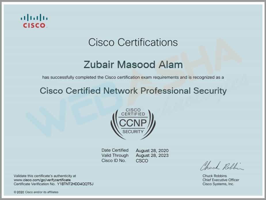 IIE learner achievement: official Cisco CCNP Security credential with certification and validity dates, Cisco ID line, and executive signature