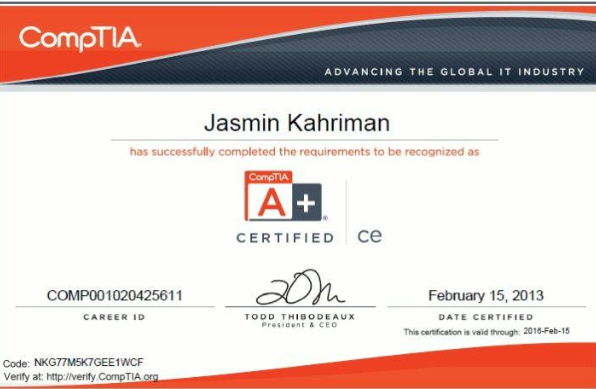 IIE learner achievement: official CompTIA A+ ce credential validating IT support, hardware, and troubleshooting skills.