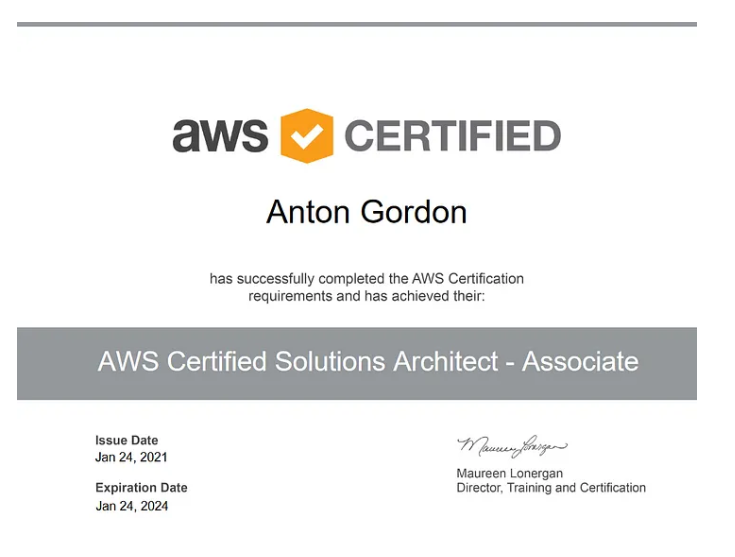 AWS Certified Solutions Architect – Associate certificate with gray banner, AWS hexagon badge, issue and expiration dates, and director signature