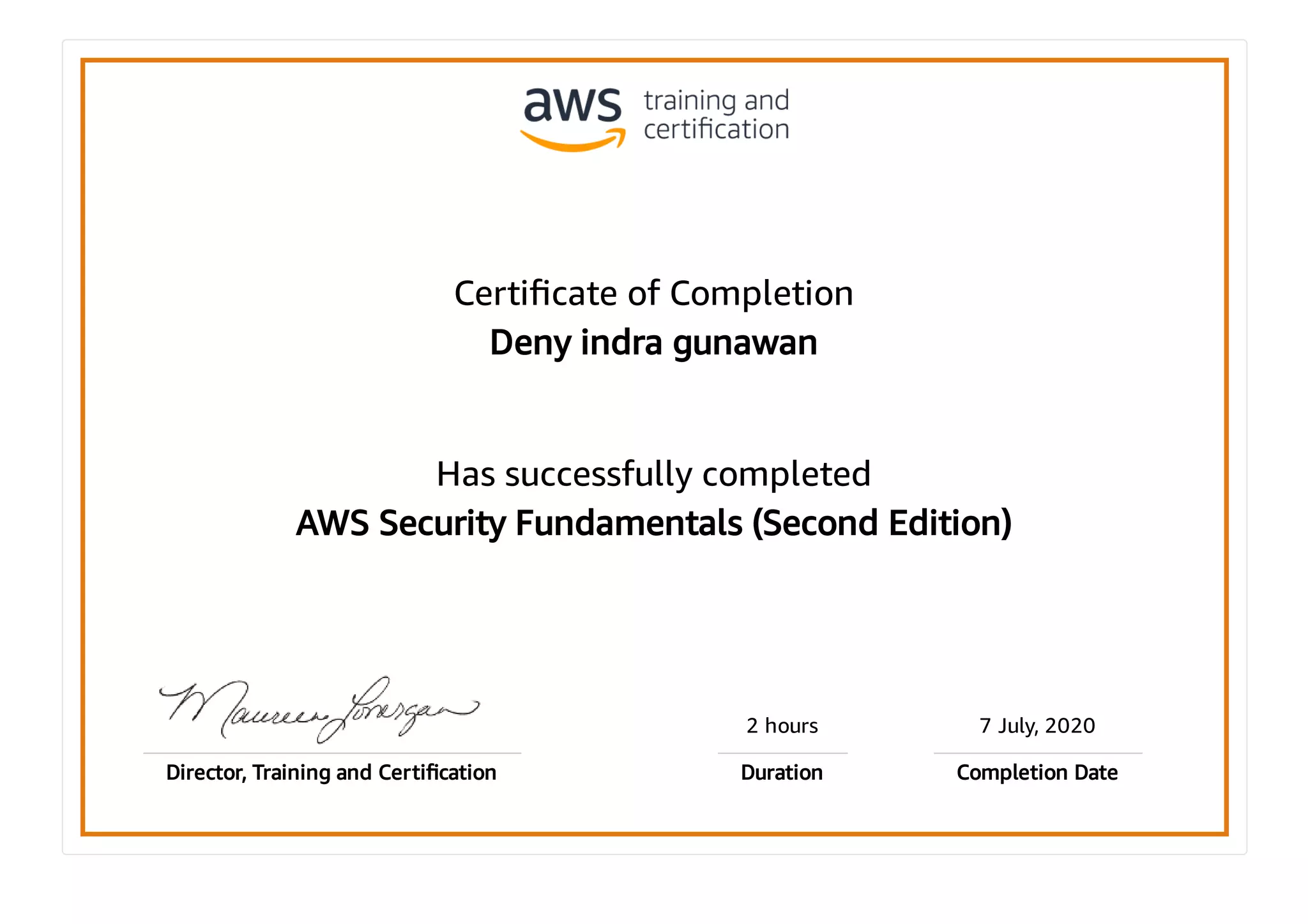 AWS Training and Certification completion certificate for AWS Security Fundamentals Second Edition with orange border and official signature