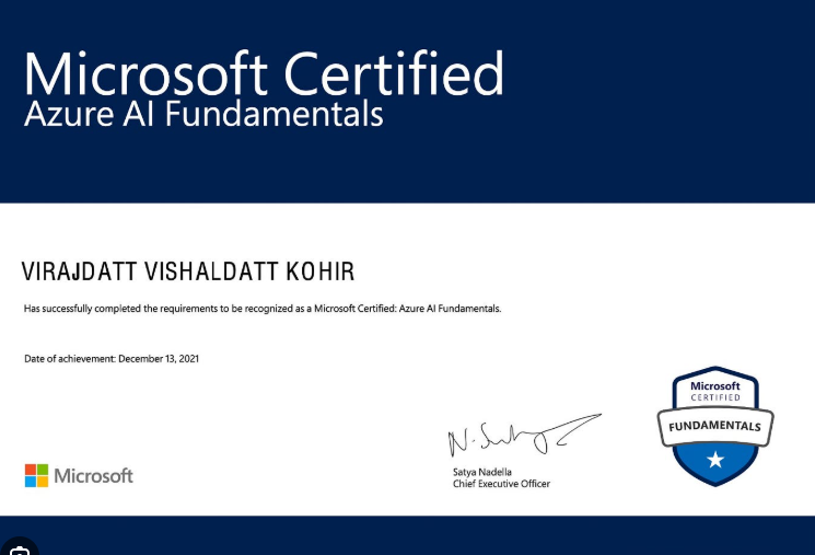 Microsoft Certified Azure AI Fundamentals certificate with blue header and Fundamentals badge on the right