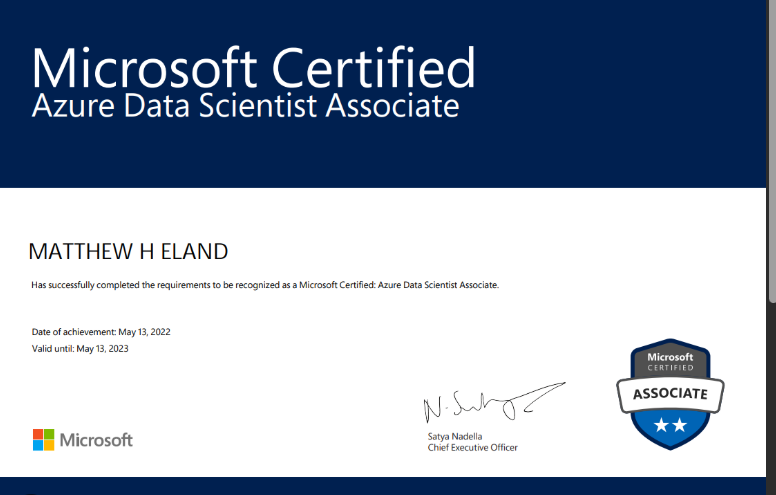 Microsoft Certified Azure Data Scientist Associate certificate with two-star Associate badge and verification note on left