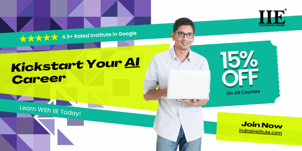 Smiling young man holding a laptop promoting AI courses at IIE Institute, offering 15% discount on all courses. Kickstart Your AI Career with IIE.