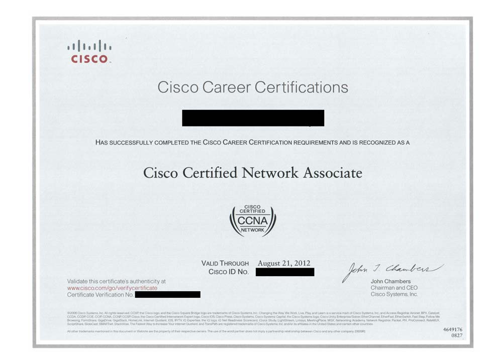 IIE learner achievement: official Cisco CCNA certification with validation details, Cisco logo, and executive signature