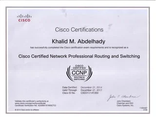 Professional Cisco CCNP R&S certificate for an IIE student, featuring Cisco logo and CCNP badge