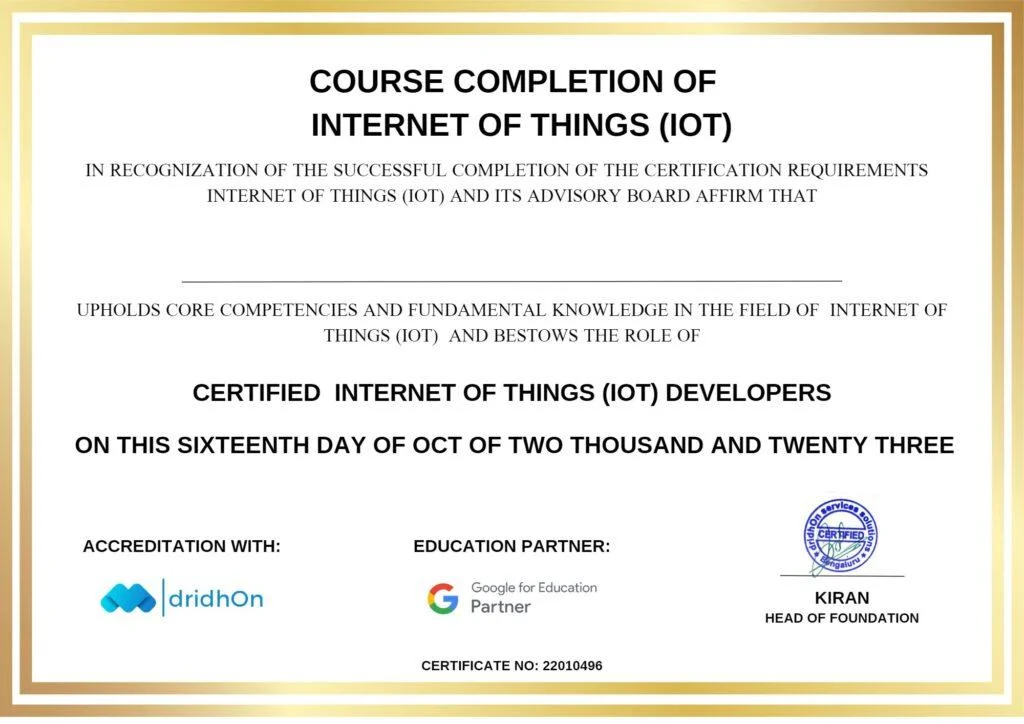 Certified Internet of Things (IoT) Developers certificate presented by IIE for successful course completion.
