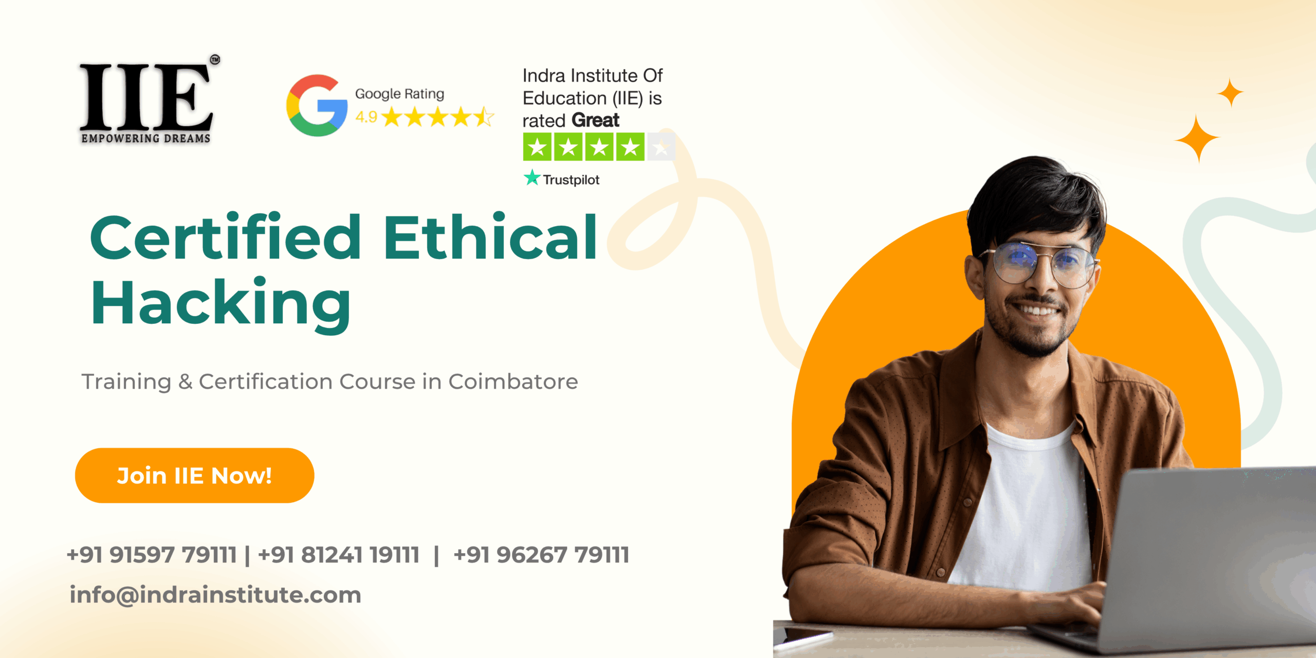 Certified Ethical Hacking course banner at IIE Coimbatore with ratings and enroll CTA