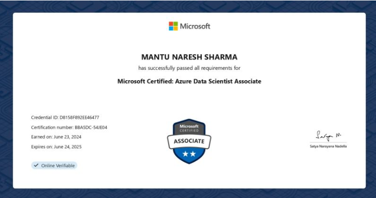 Microsoft Certified: Azure Data Scientist Associate certificate for an IIE learner, showing credential and certification numbers, earned and expiry dates, and official Associate badge