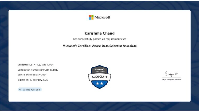 Professional Microsoft Azure data science certification awarded to an IIE student, featuring Associate badge and verification note