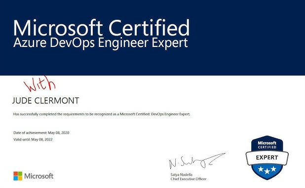 Professional Microsoft Azure DevOps Expert certification awarded to an IIE student, highlighting verified expert DevOps skills