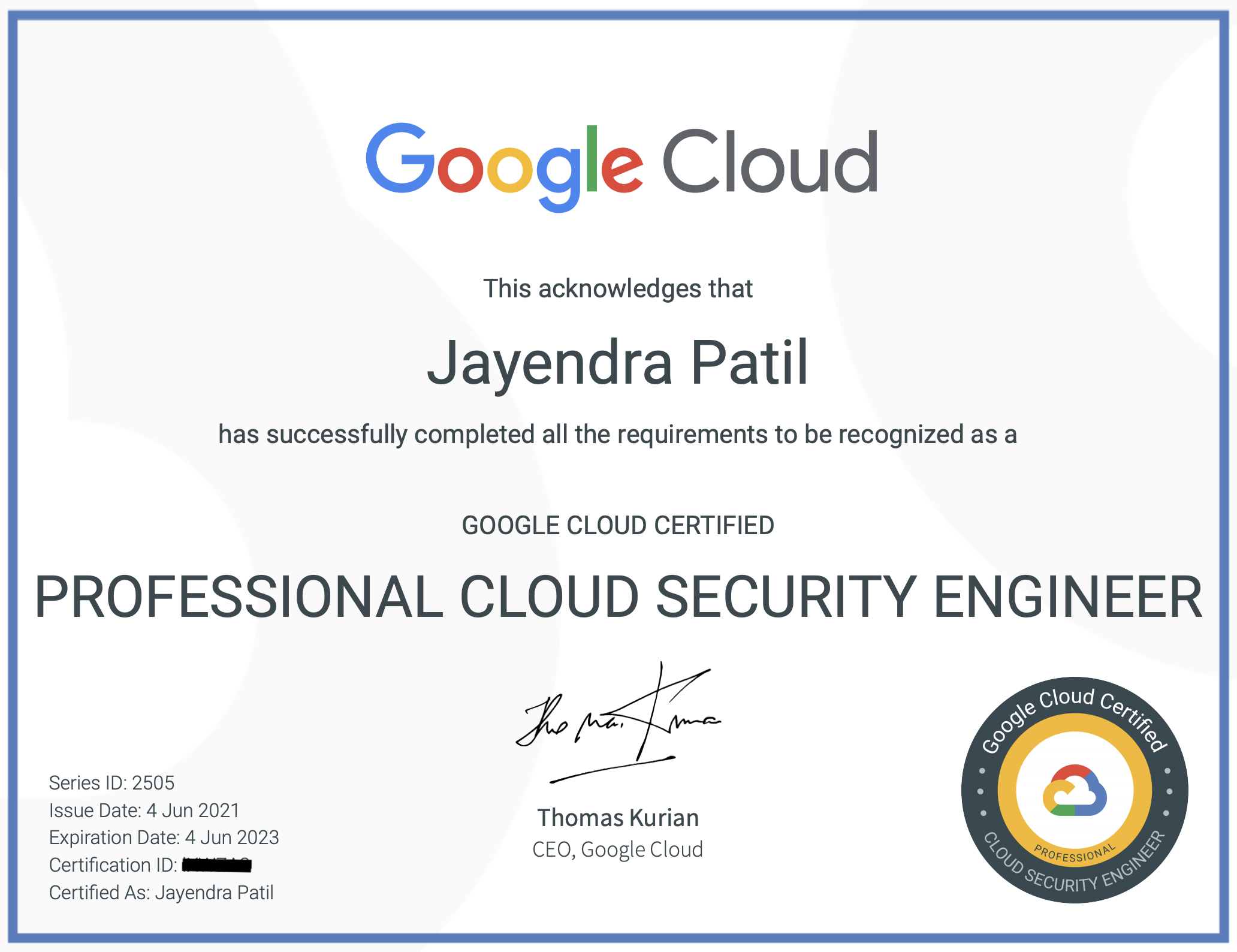 IIE learner achievement: Google Cloud Certified Professional Cloud Security Engineer credential with series ID, issue date, and expiry date