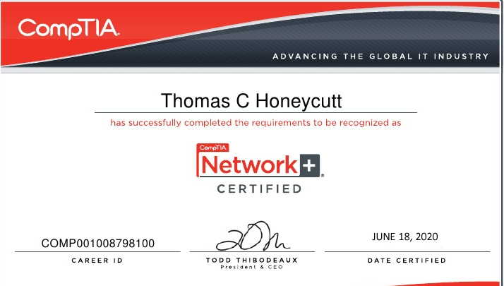 CompTIA Network+ certification certificate featuring candidate name, career ID, and CEO signature, showcased by Indira Institute of Education (IIE)