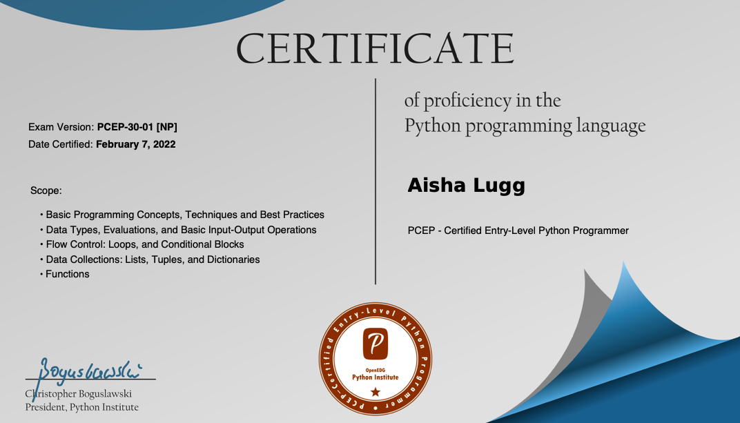 PCEP Certificate of Proficiency in Python programming for an entry‑level Python programmer, showcased by Indira Institute of Education (IIE)