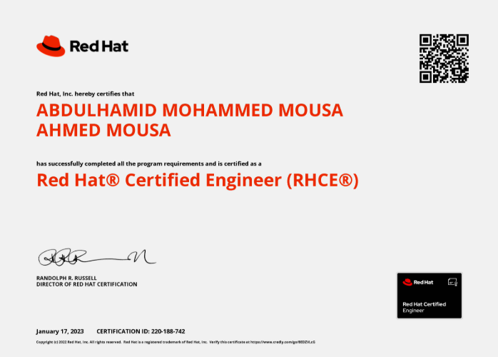 Red Hat Certified Engineer certificate layout with RHCE badge, QR code, director signature, and certification ID on clean white background.