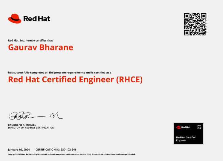 Professional Red Hat RHCSA certification awarded to an IIE student for Linux system administration skills