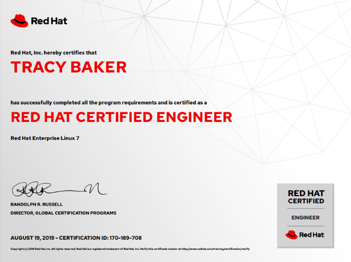 Red Hat Certified Engineer certificate for Red Hat Enterprise Linux 7 with geometric line background, RHCE badge, and signature block