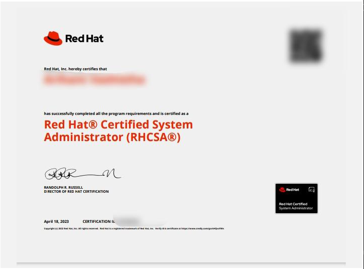 Red Hat Certified System Administrator (RHCSA) certificate showcasing successful program completion, displayed on the Indira Institute of Education (IIE) achievements page.