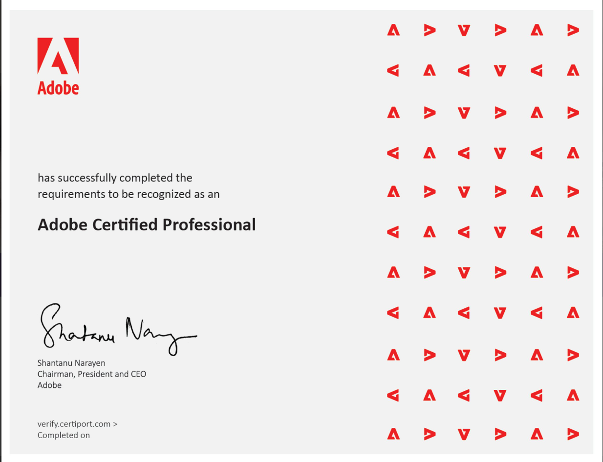 Adobe Certified Professional certificate with Adobe logo and executive signature, confirming completion of requirements for professional recognition