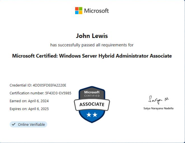 IE achievement: verifiable Microsoft Windows Server Hybrid Administrator Associate credential featuring the blue two‑star badge and official sign‑off.