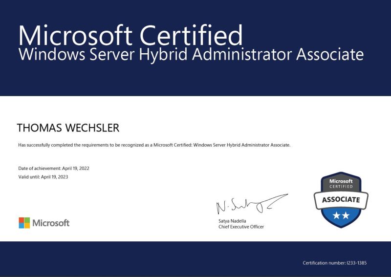 Professional Microsoft certification for hybrid Windows Server administration displayed on the IIE achievements page