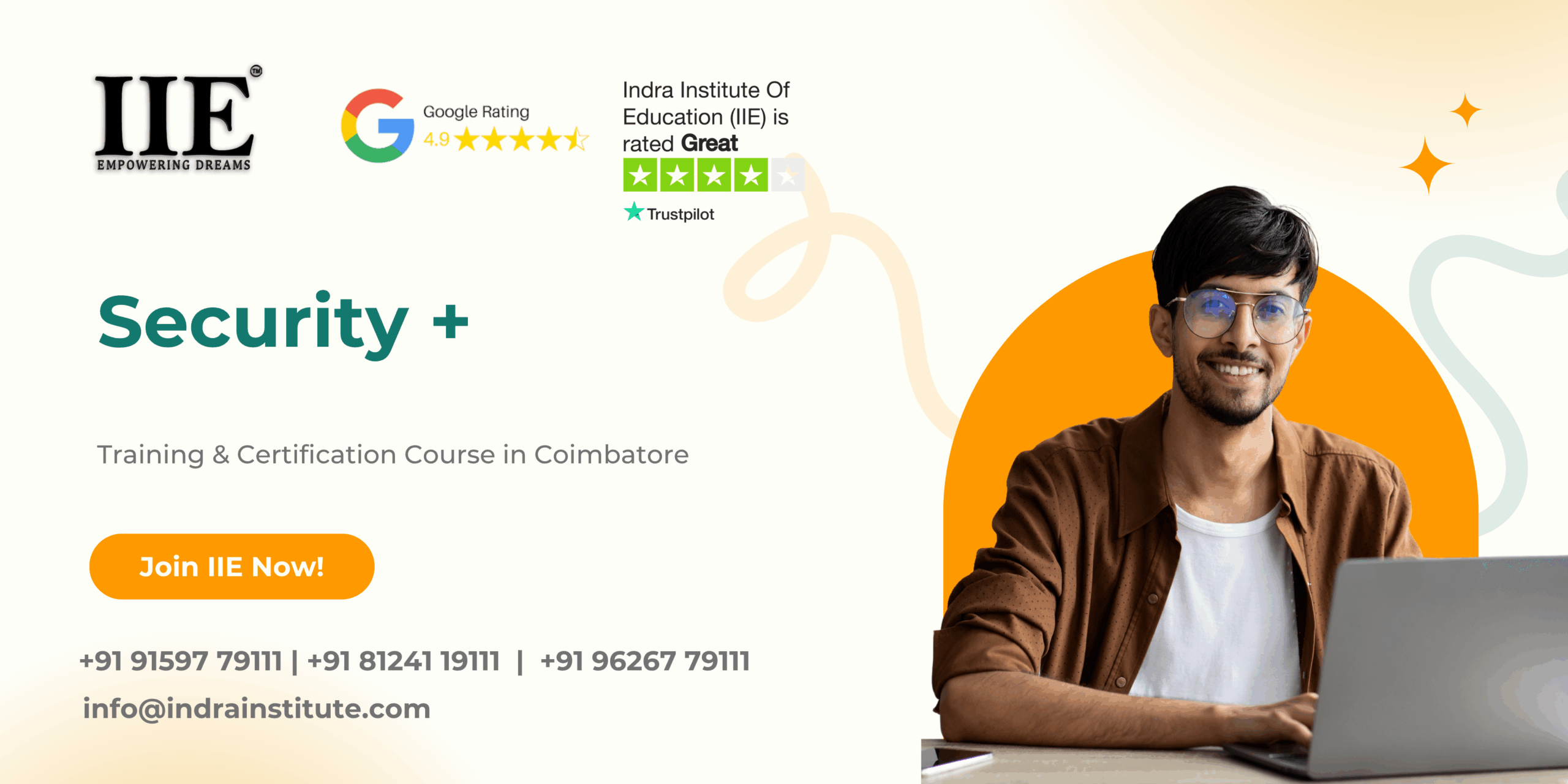 Security Plus training and certification course banner at IIE Coimbatore with Join Now button