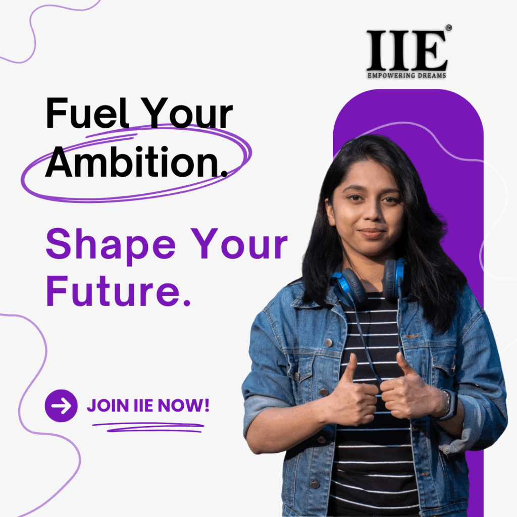 Confident student giving thumbs up beside bold tagline “Fuel Your Ambition, Shape Your Future” at Indira Institute of Education (IIE).