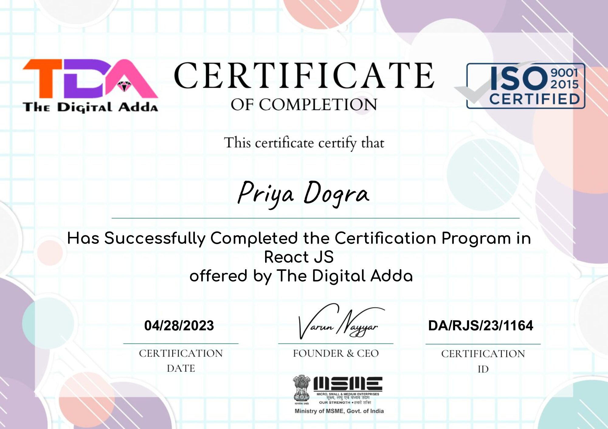 React JS certificate of completion from The Digital Adda, displaying recipient name, certification date, MSME emblem, ISO 9001:2015 badge, and certification ID