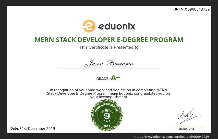 Professional MERN Stack certificate for an IIE learner, recognizing excellence in MongoDB, Express, React, and Node.js