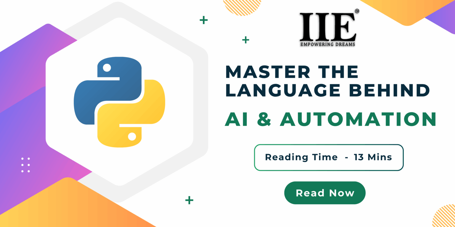 "IIE banner promoting Python learning for mastering AI and automation, featuring institute logo and reading time indication