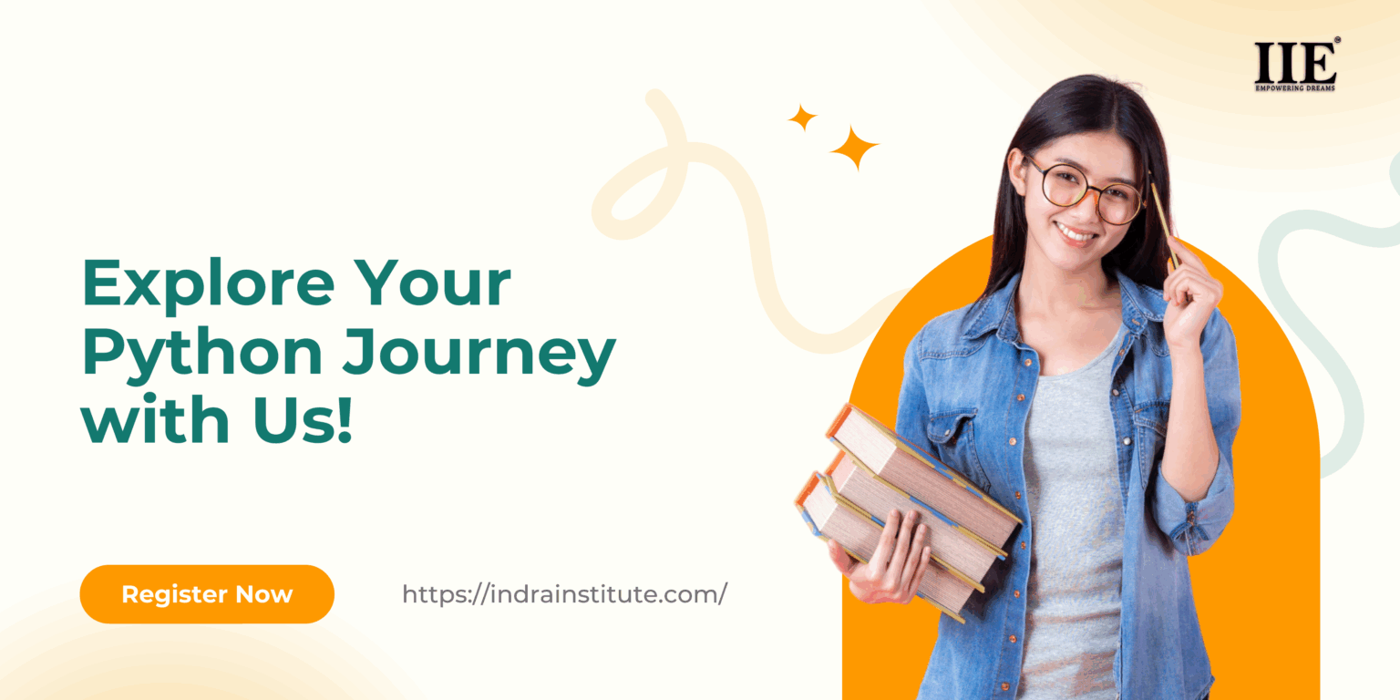 Smiling student holding books promoting IIE Python course with the text “Explore Your Python Journey with Us”