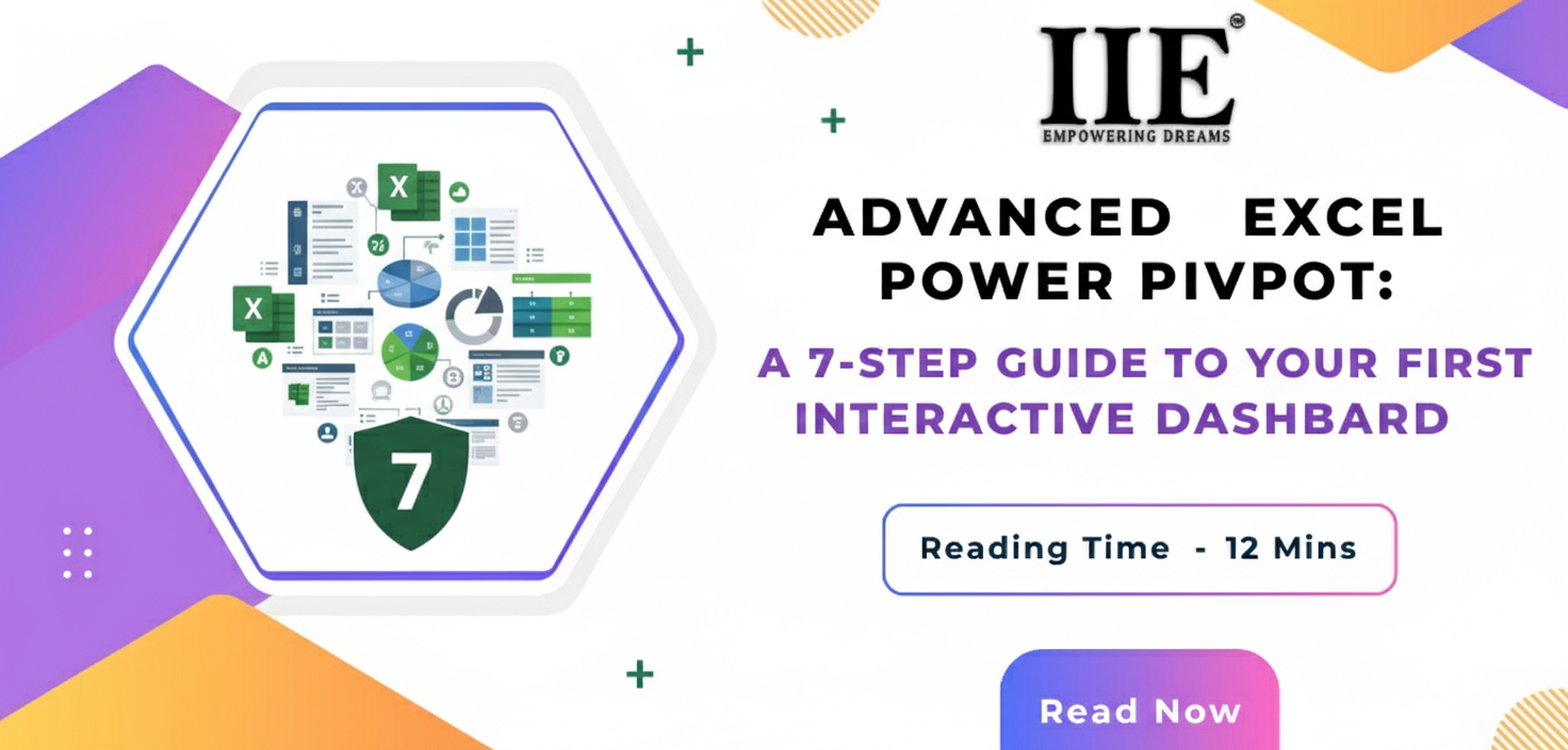 llustration of a 7-step Advanced Excel dashboard guide by Indra Institute featuring charts, spreadsheets, and a green shield icon.