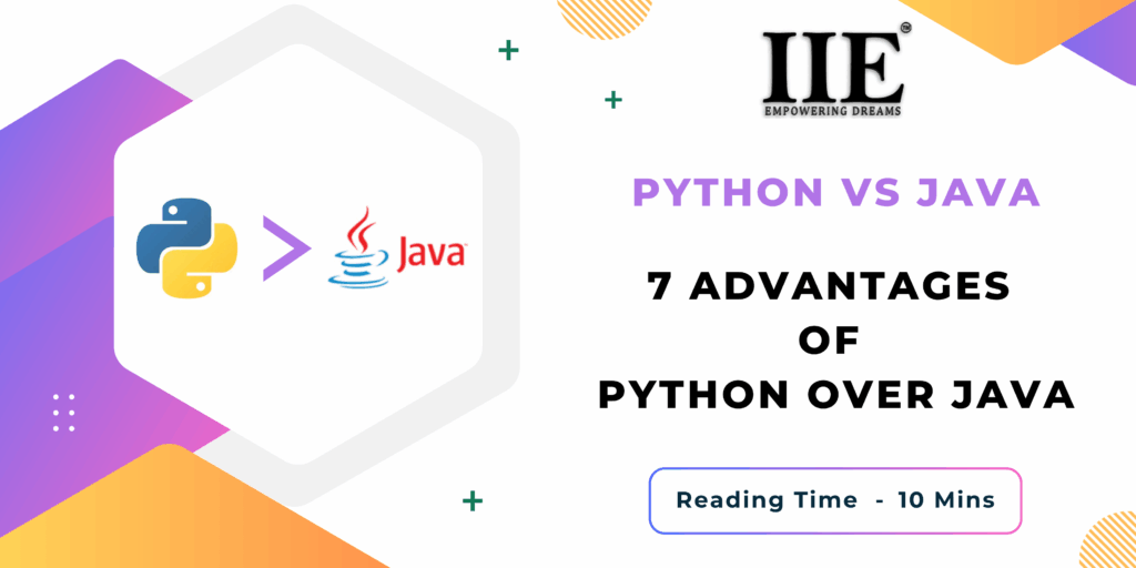Promotional image comparing Python and Java, highlighting 7 advantages of Python. Features logos and branding from Indra Institute.