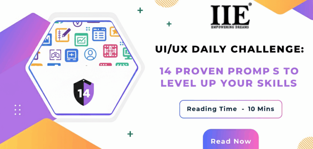 Promotional graphic for Indra Institute’s UI/UX Daily Challenge featuring 14 design prompts and colorful interface icons.